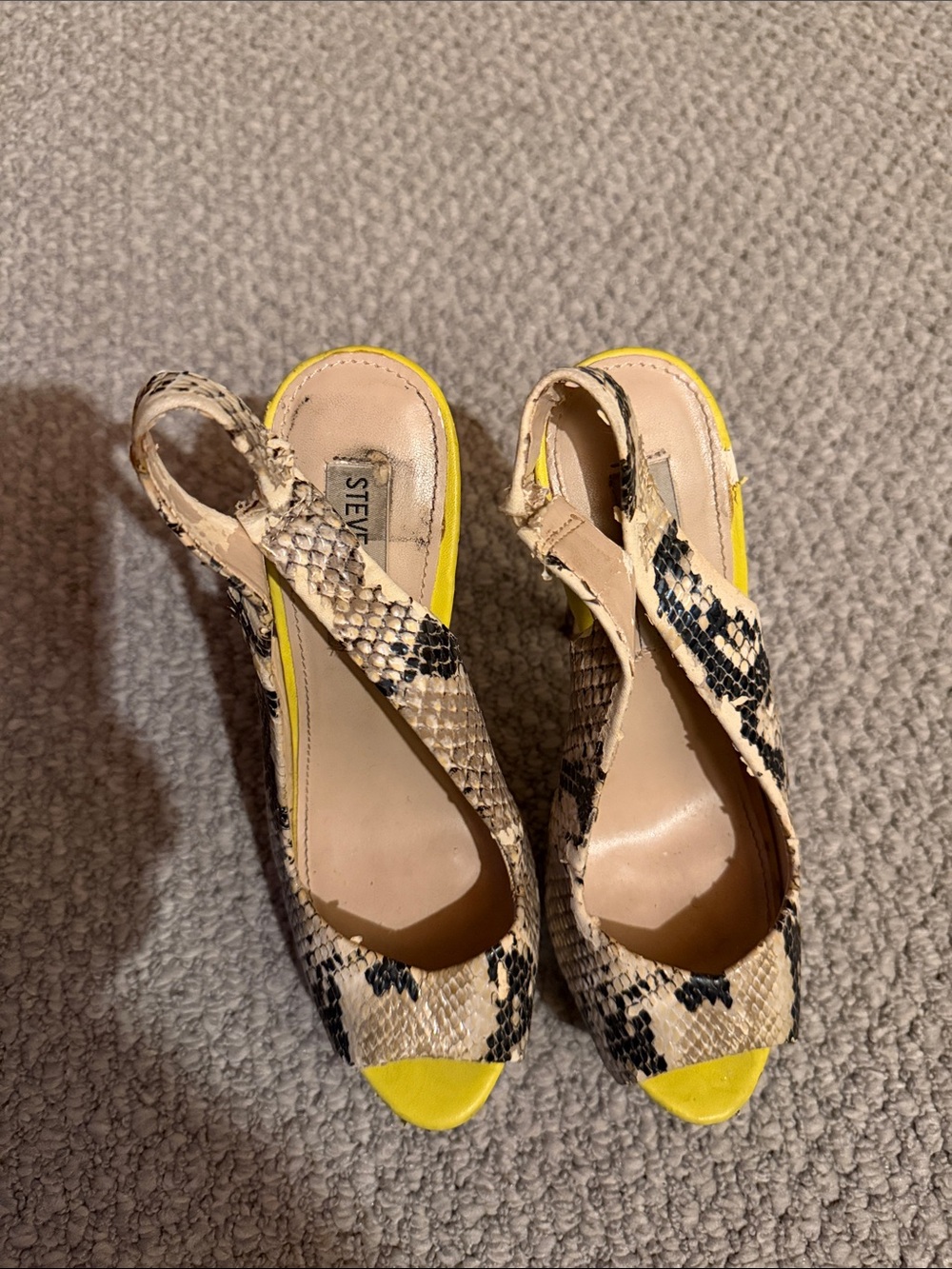 Steve Madden Snake-Print Peep Toe Heels with Yellow Accent - Picture 2 of 5